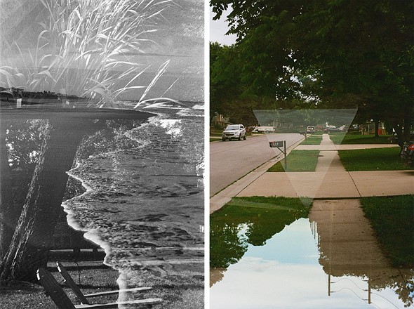 A split image shows black and white overlapping nature scenes beside a color suburban sidewalk with layered reflections