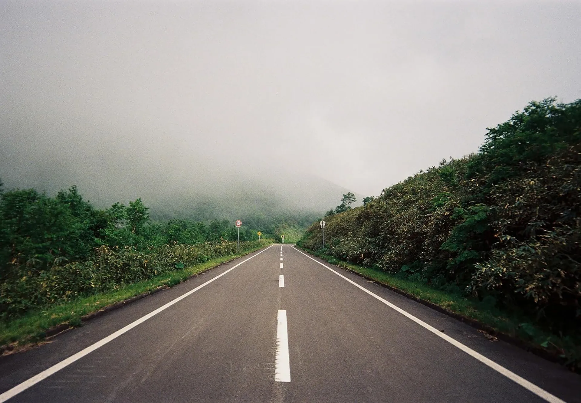 Une route déserte s'étend au loin, bordée de buissons et d'arbres verts, avec des collines brumeuses visibles sous un ciel nuageux. Scène photographiée à l'aide d'un appareil photo argentique 35 mm réutilisable KODAK EC35.