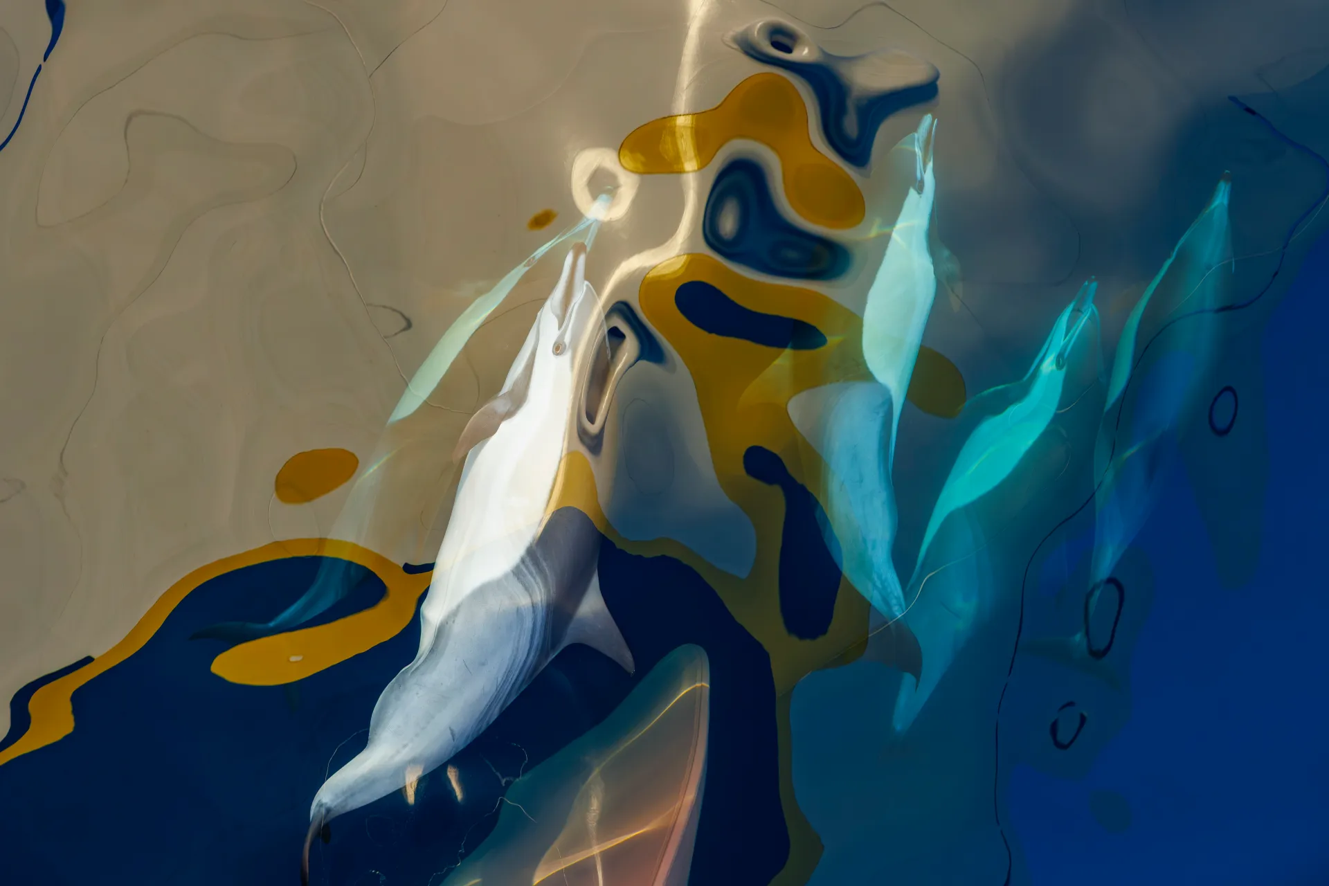 Abstract underwater scene showing distorted dolphin shapes reflected on the water’s surface, with swirling patterns of blue, beige, white, and gold blending together.