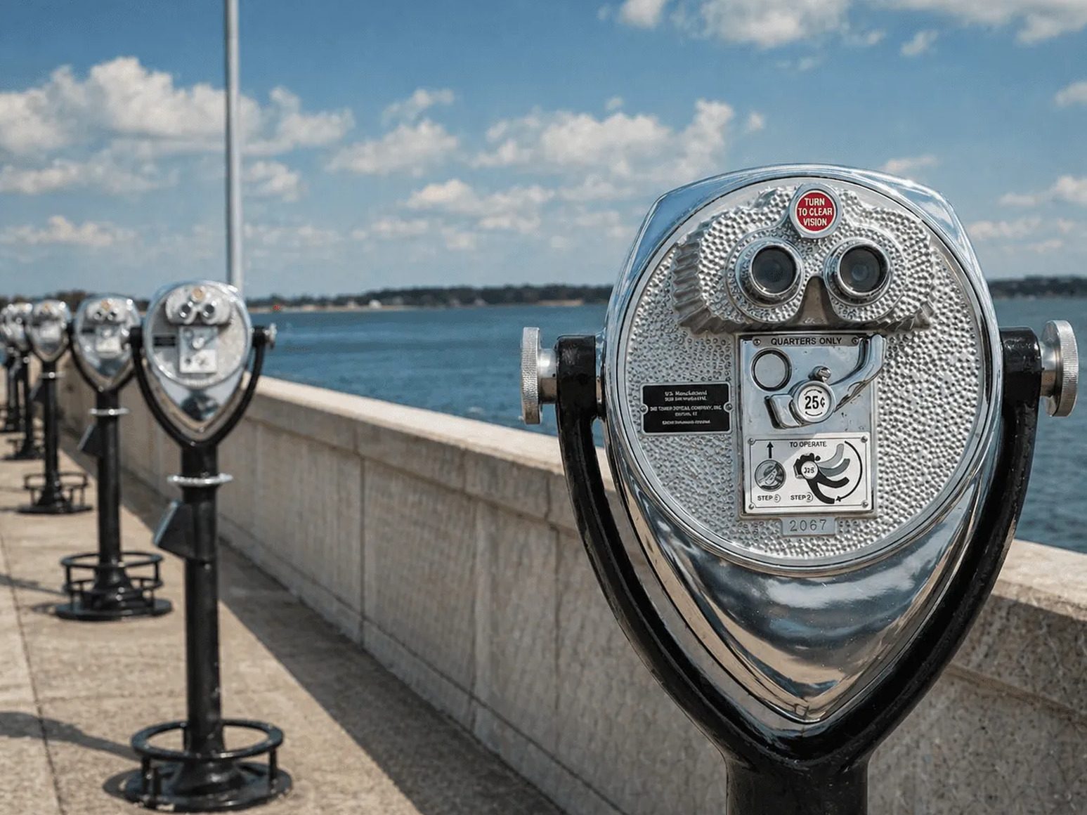 Multiple coin-operated binocular viewers with metallic finish are installed along a waterfront promenade, facing blue water and distant land beneath a partly cloudy sky.