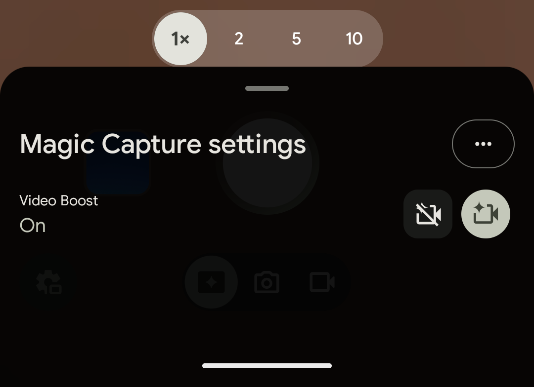 Phone camera app interface displaying Magic Capture settings with Video Boost enabled. Zoom controls for 1x, 2, 5, and 10 are shown, along with menu, mute, and share icons on a dark background.