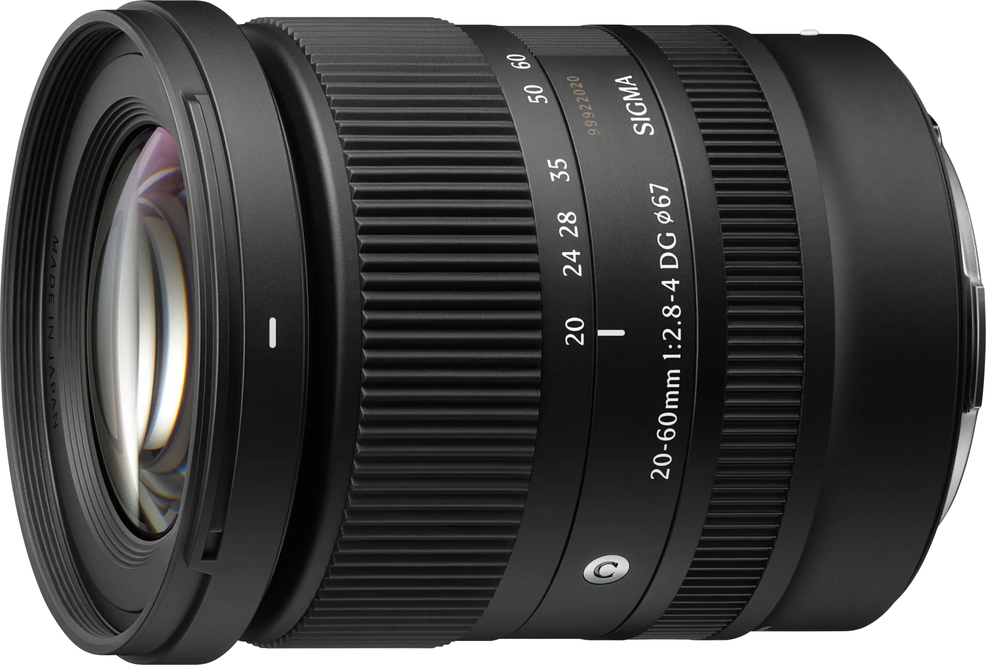 A three-quarter view of the Sigma 20-60mm F2.8-4, showing its front element.