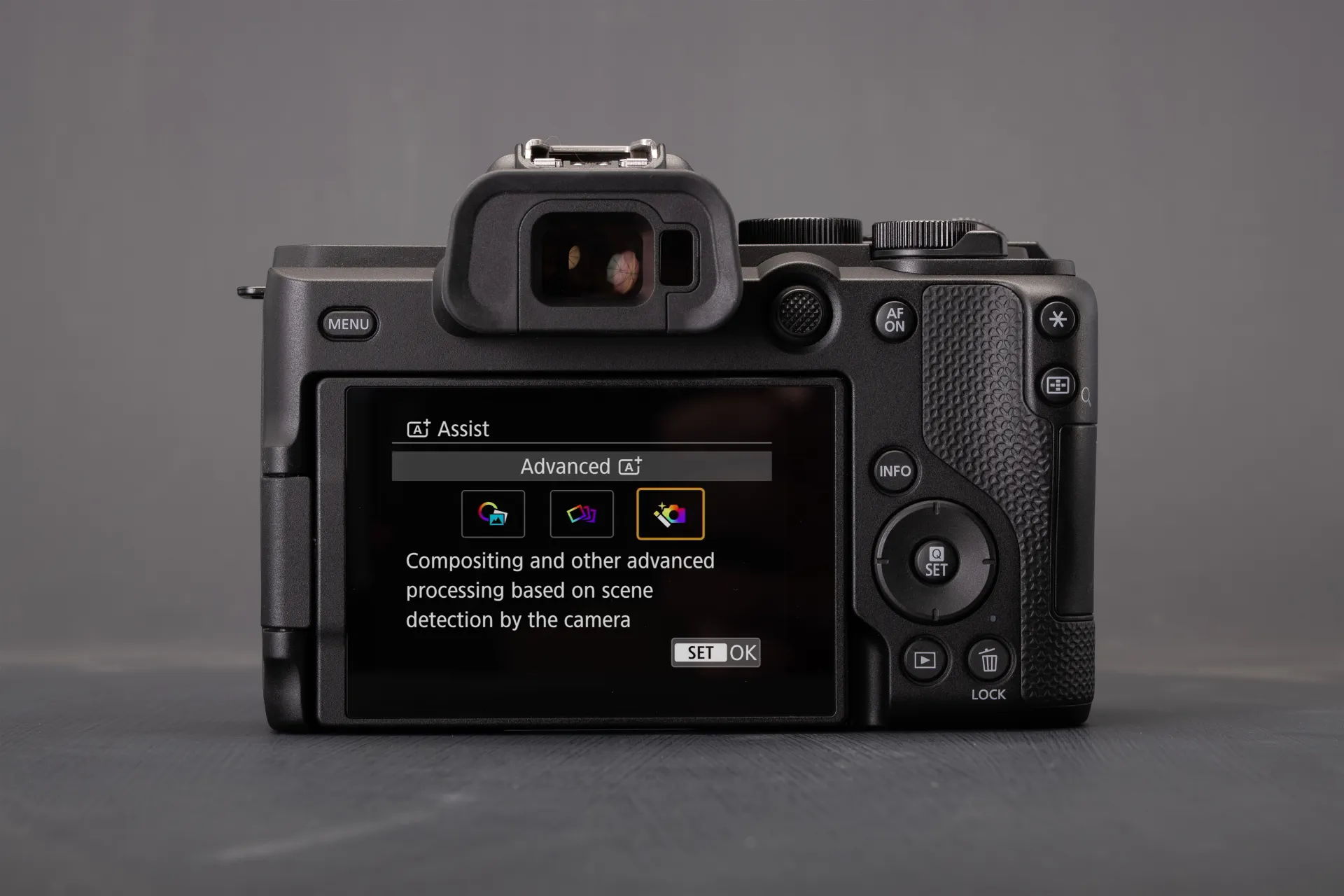 Rear view of the Canon EOS R8 II with the Advanced Assist selection screen being displayed.