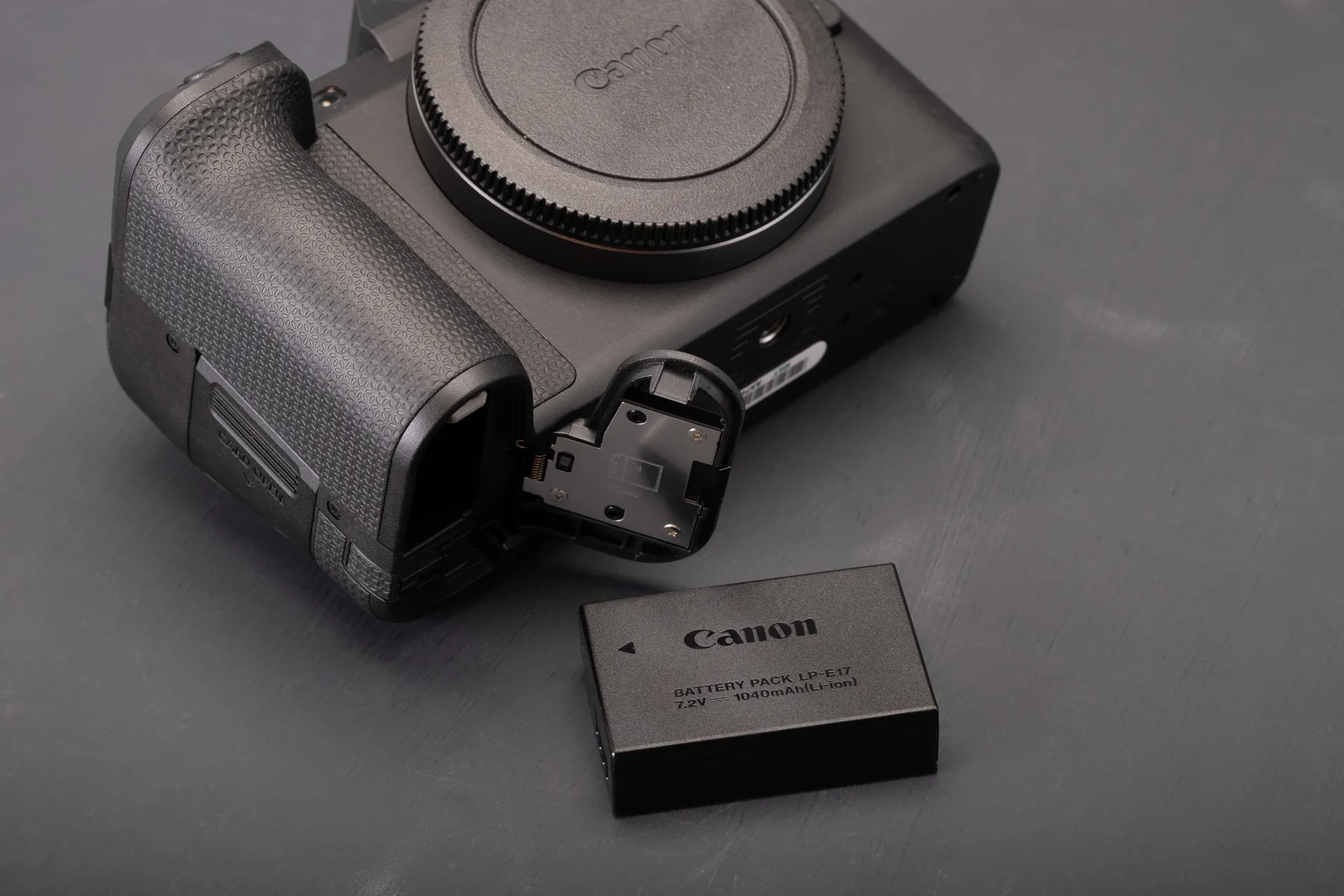 The Canon EOS R8 II with its LP-E17 battery pack.