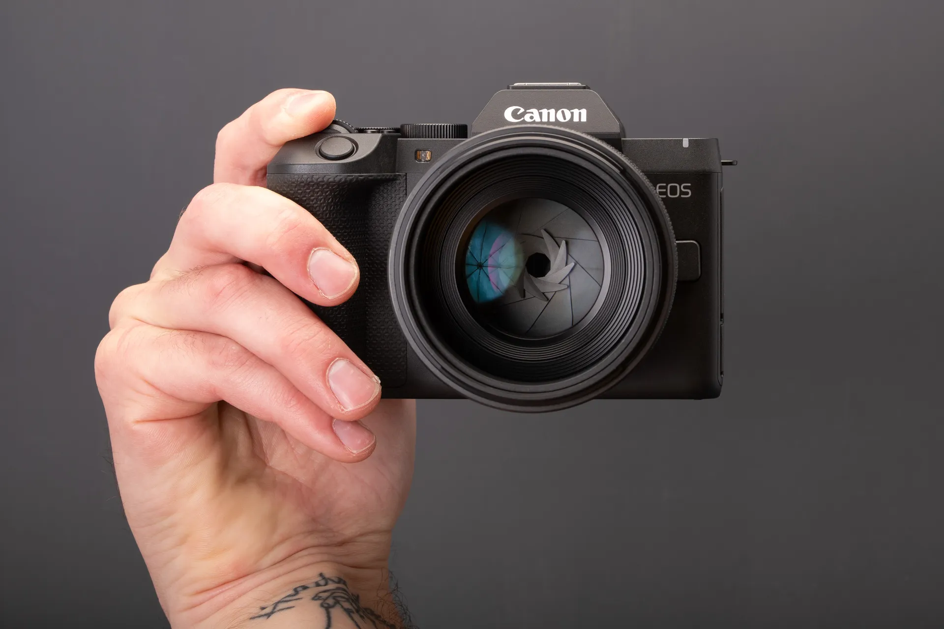 The EOS R8 II in hand, seen from the front.
