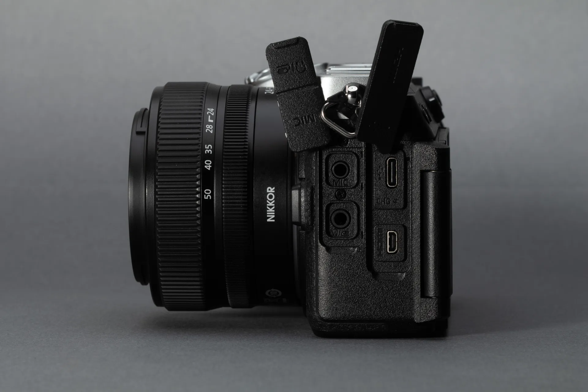 The ports of the Nikon Z5IIC: a mic and headphone jack, USB-C port and micro-HDMI jack.