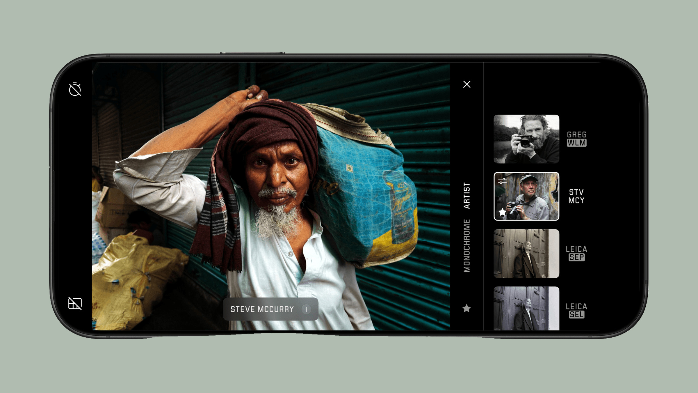 A smartphone screen shows a person carrying a large sack on their back, with filter options and artist names visible at the bottom.