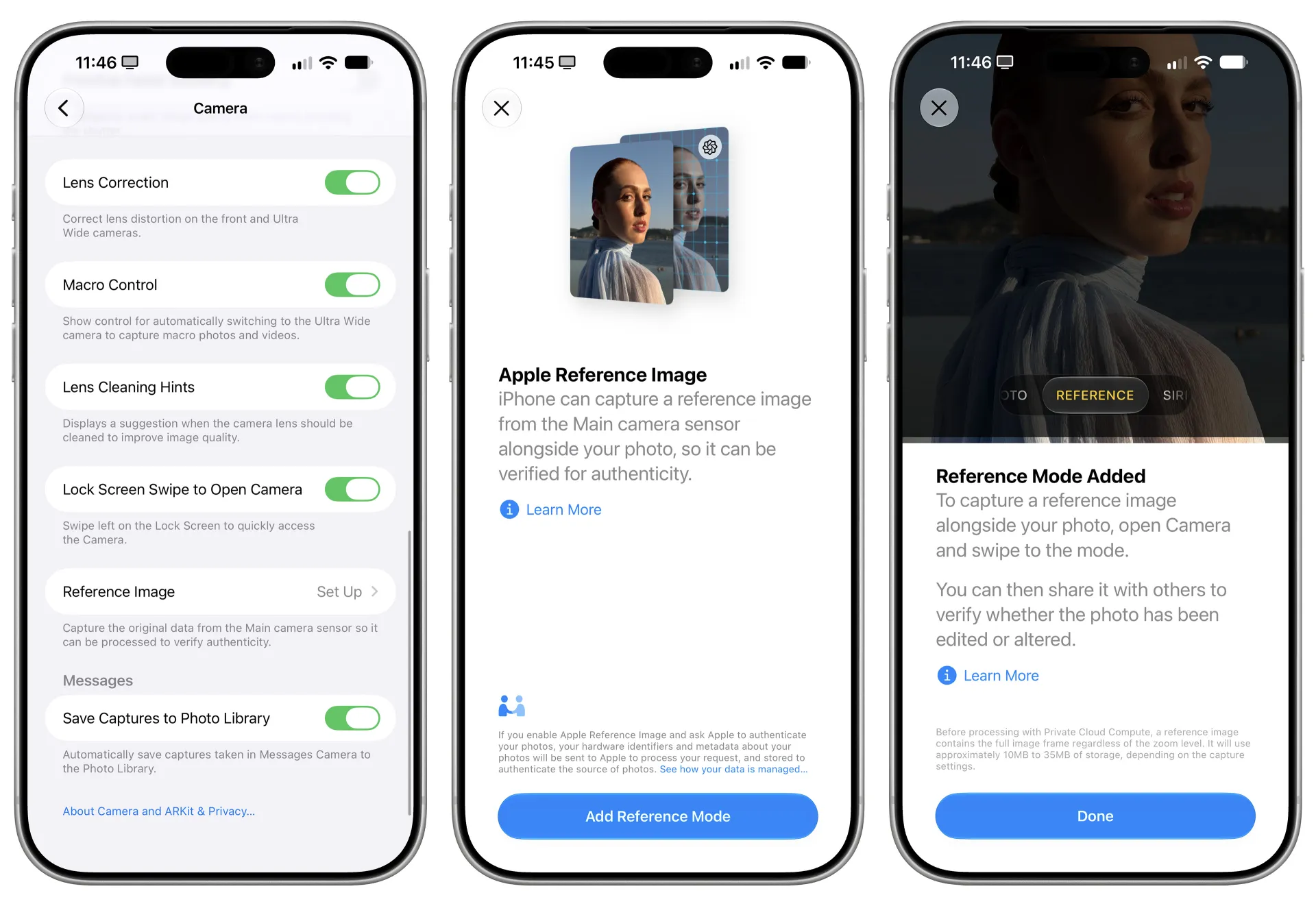 Series of screenshots showing the process of setting up Reference mode on the iPhone.