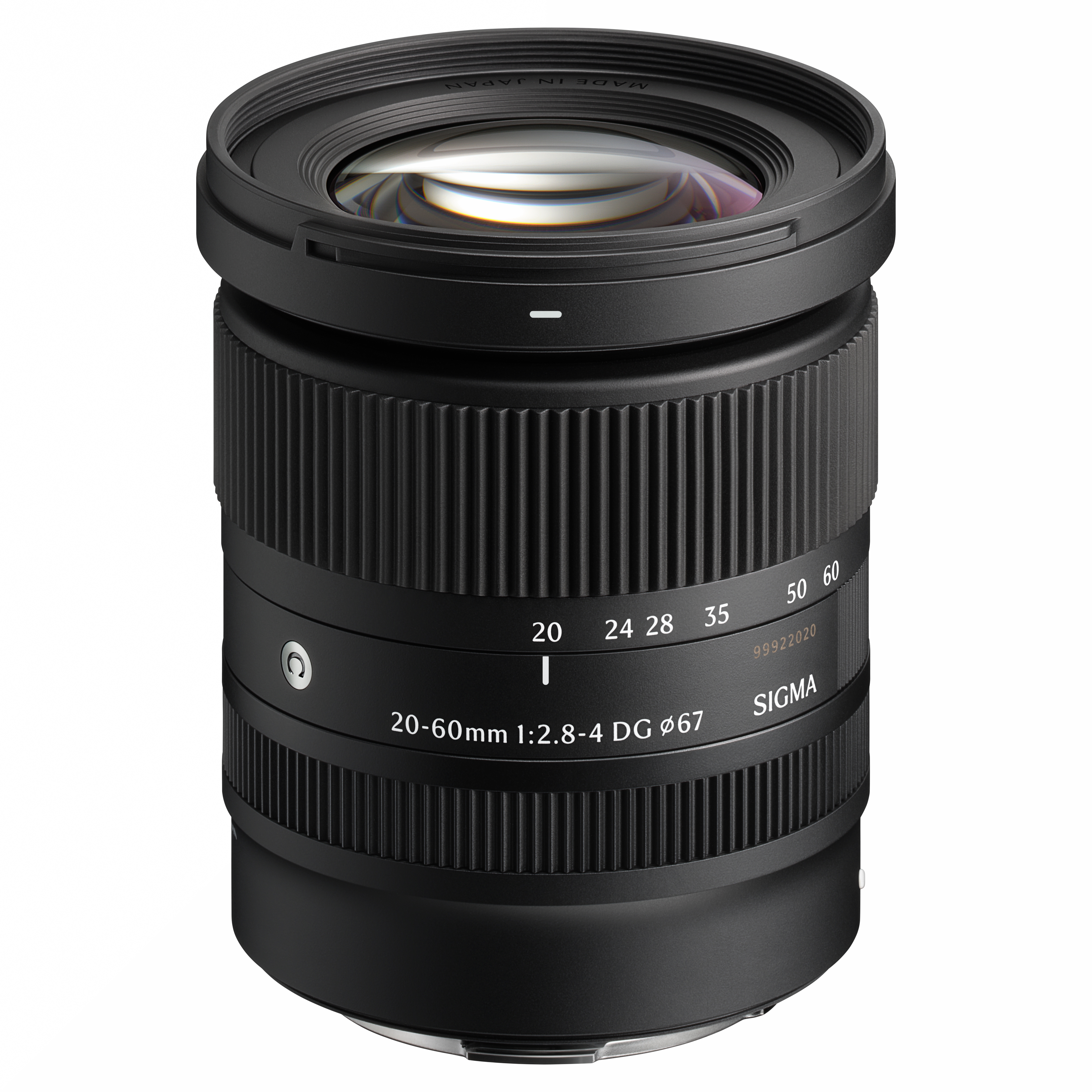 Three quarter view of the L-mount Sigma 20-60mm F2.8-4, showing its front element.