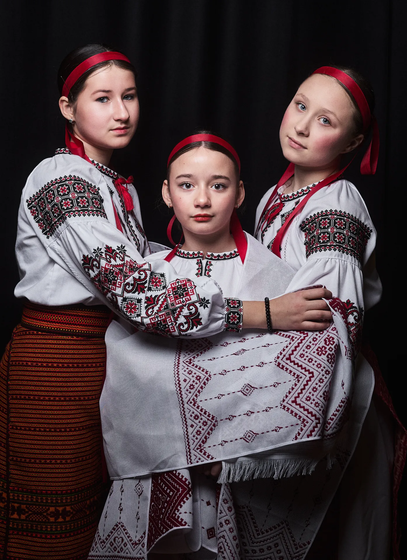 Portrait of Ukrainian dancers, photographed backstage before a performance celebrating Ukrainian culture at St. Brides Church in Edinburgh.