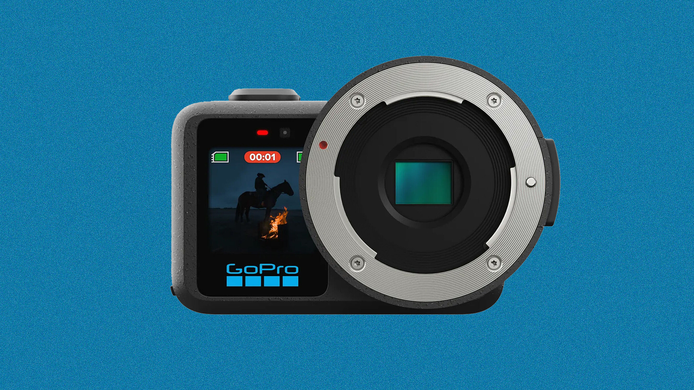 GoPro action camera featuring a large, circular lens mount attachment centered on the front, with a rear display screen showing a recording of someone on horseback.