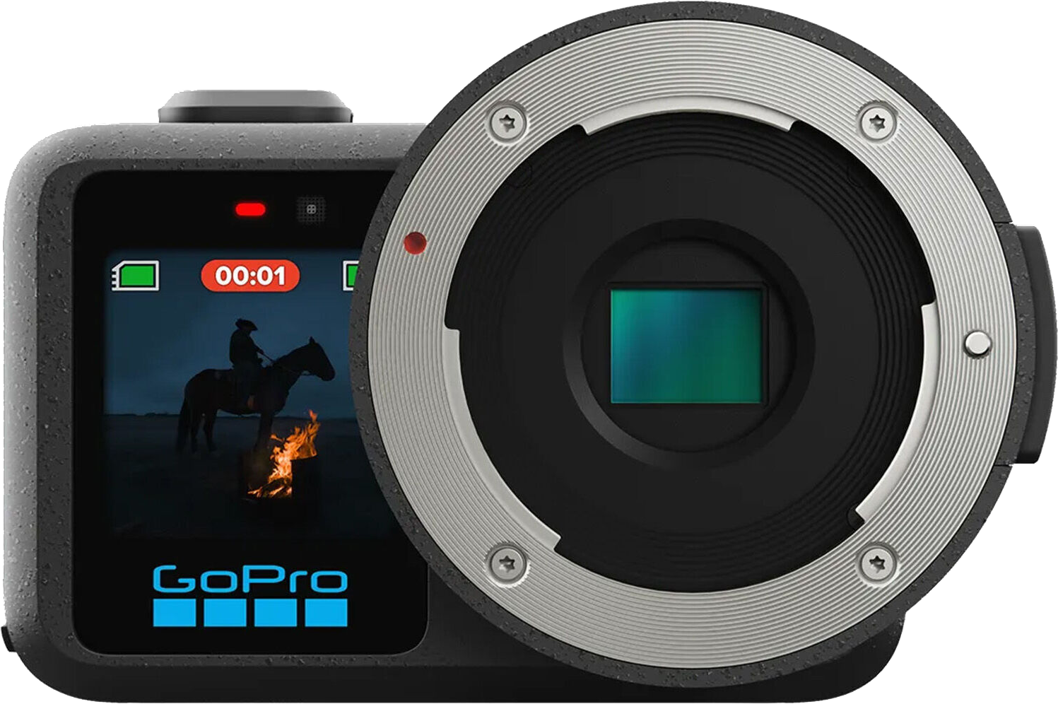 The GoPro Mission 1 Pro ILS viewed from the front without a lens mounted on it and its sensor visible.